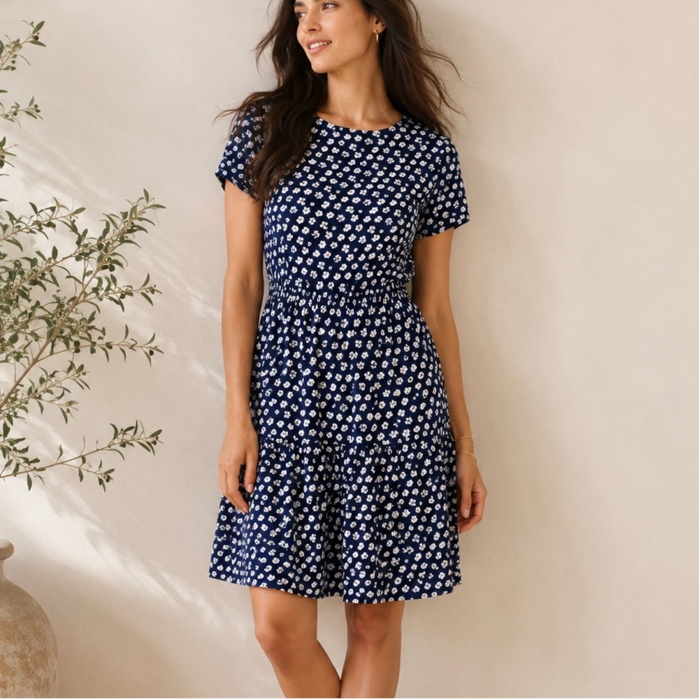 J. Crew Blurred Floral Tiered Navy Dress Size 8
